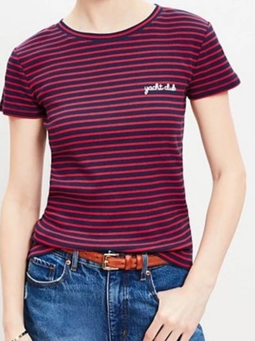 LOFT Striped Crewneck Tee in Burgundy and Navy Embroidered Yacht Club Sz M